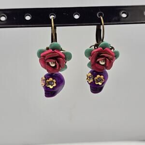 Ollipop Day Of The Dead Purple Skull Floral Pink Rosebud Romantic Goth Earrings